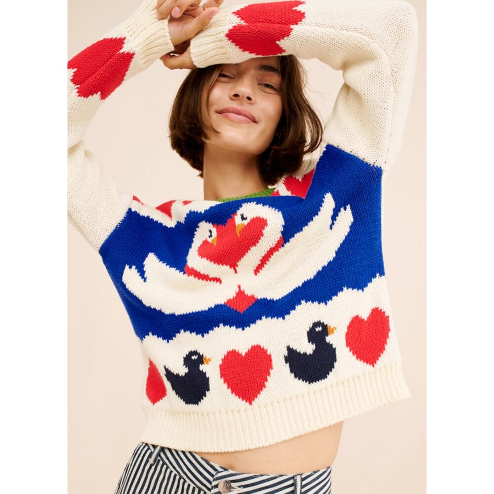 CALLAHAN KNITWEAR ANTHROPOLOGIE MATE FOR LIFE SWAN HEART LOVE SWEATER 1X